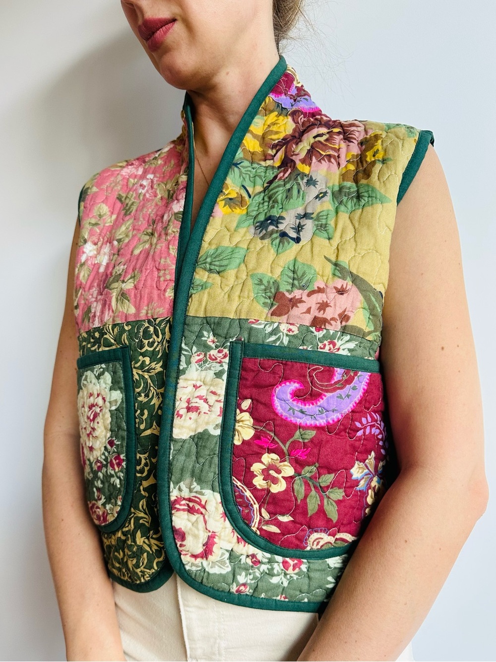 Rare Free People Quilted Patchwork Floral Vest Cottagecore Cotton Open Front